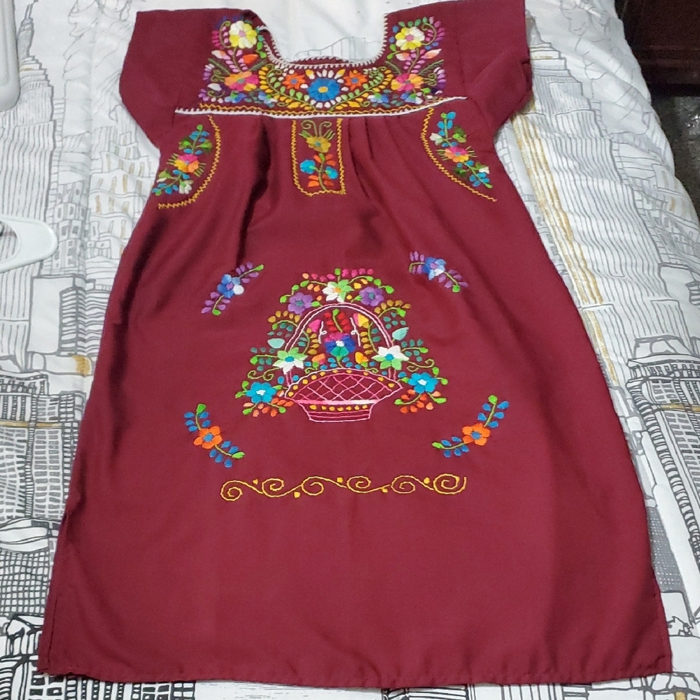 Embroidered Kids Dress - Maroon